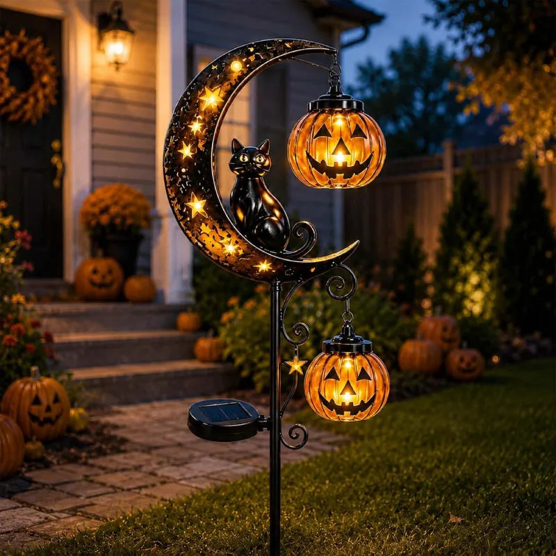 Solar garden stake featuring a black cat and pumpkin moon design, perfect for Halloween outdoor decoration by My Store.