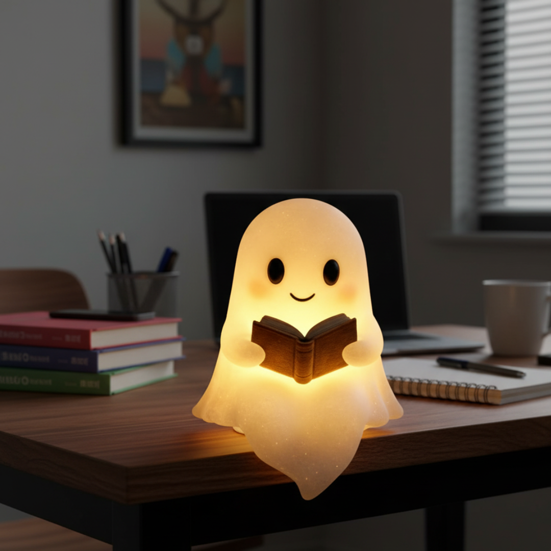 Small NachtGeist ghost figurine from My Store that emits warm light and creates a cozy ambiance in the room.