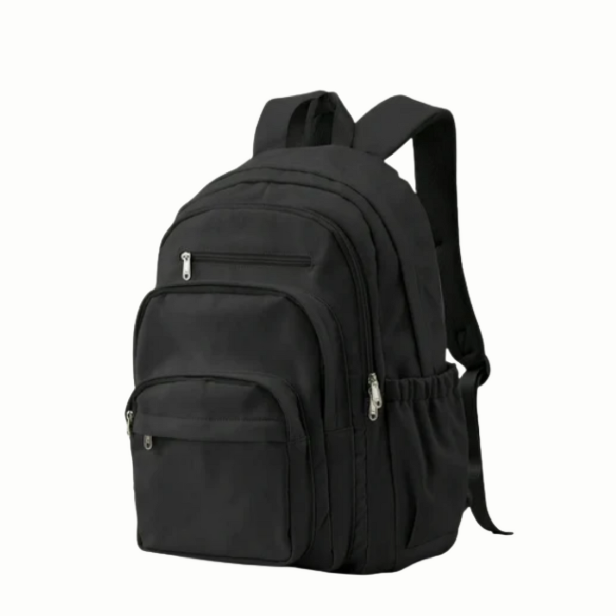 Black waterproof nylon rucksack with multiple compartments and designer interior logo, 29L capacity for outdoor and daily use.