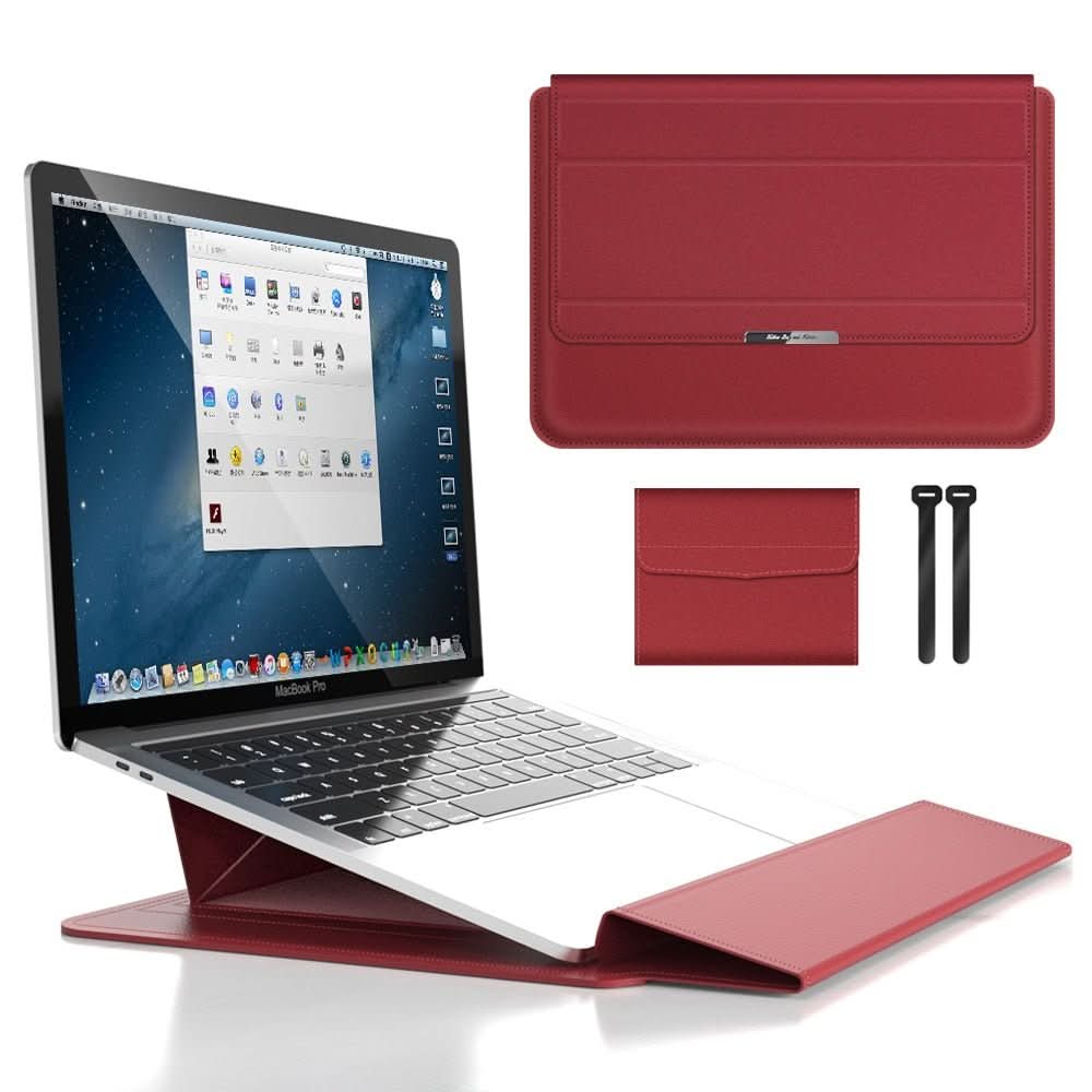 Flexible waterproof laptop sleeve with stand function and shock protection, designed for durable device security.