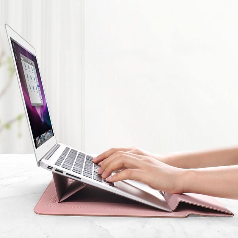Flexible water-resistant laptop sleeve with stand and shock protection, designed for secure and convenient device protection.