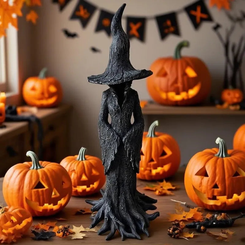 Magische Hexenfigur 30 cm für Halloween Deko, mit grünem Hut und Zauberstab, perfekt für festliche Halloween Dekorationen