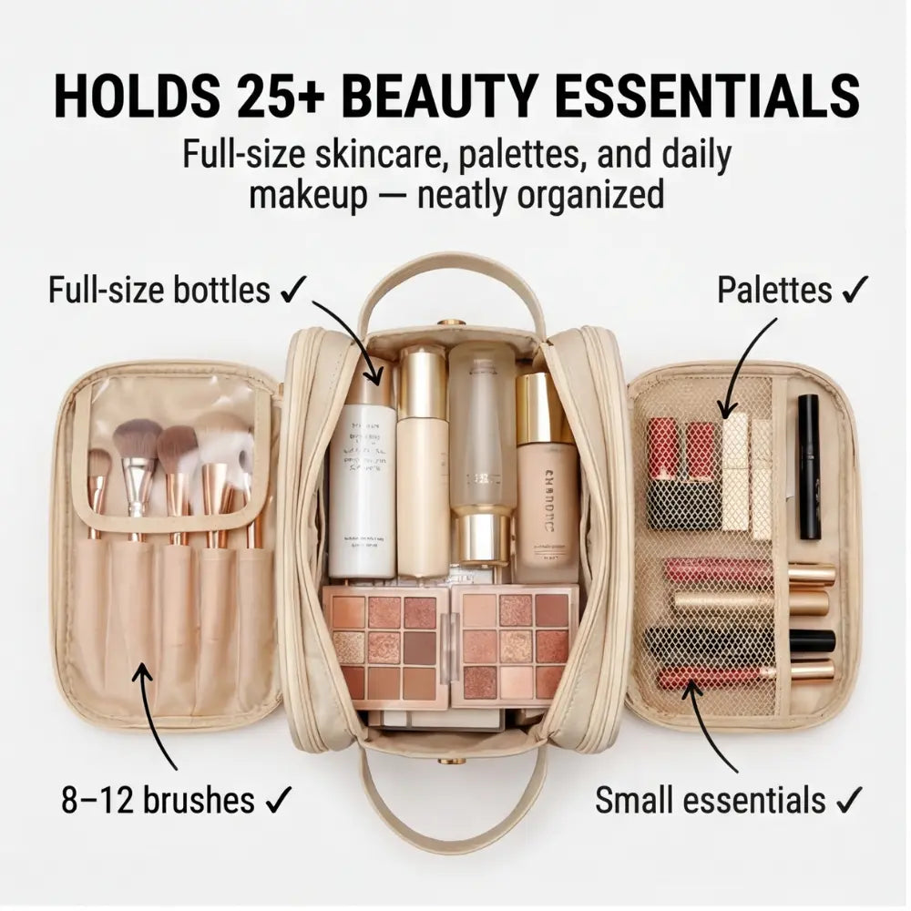 My Store makeup organizer with dual-zip flat opening, holding up to 25 makeup products, featuring brush compartments.