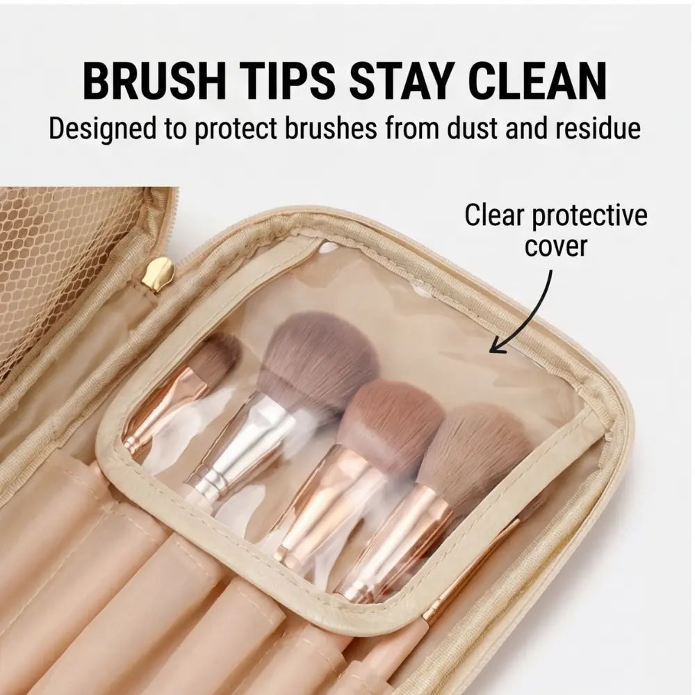 My Store makeup organizer with dual-zip flat opening, featuring brush compartments for bathroom beauty storage and makeup tools.