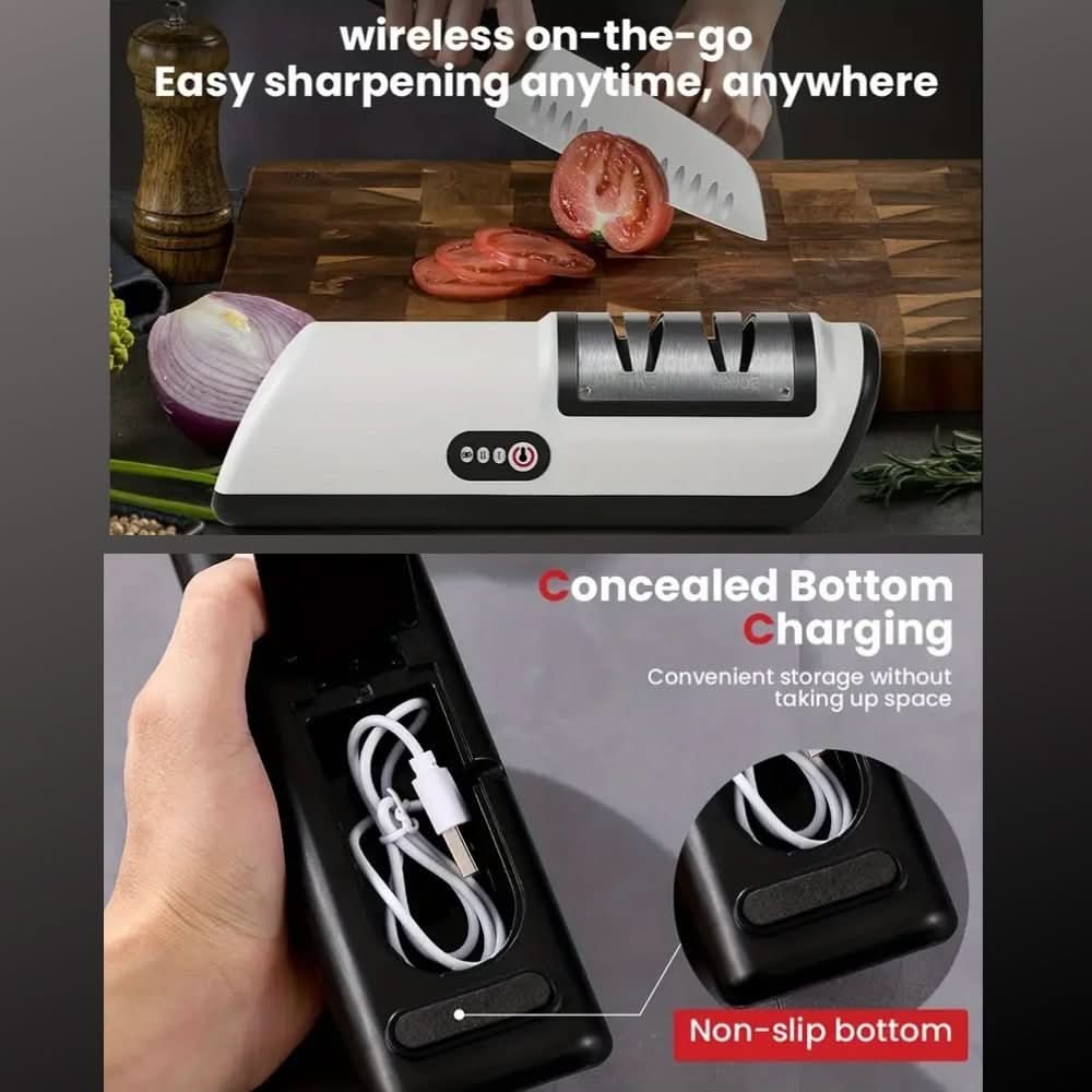 SharpEase rechargeable 2-stage kitchen knife sharpener for ceramic and steel blades, compact and easy to use.