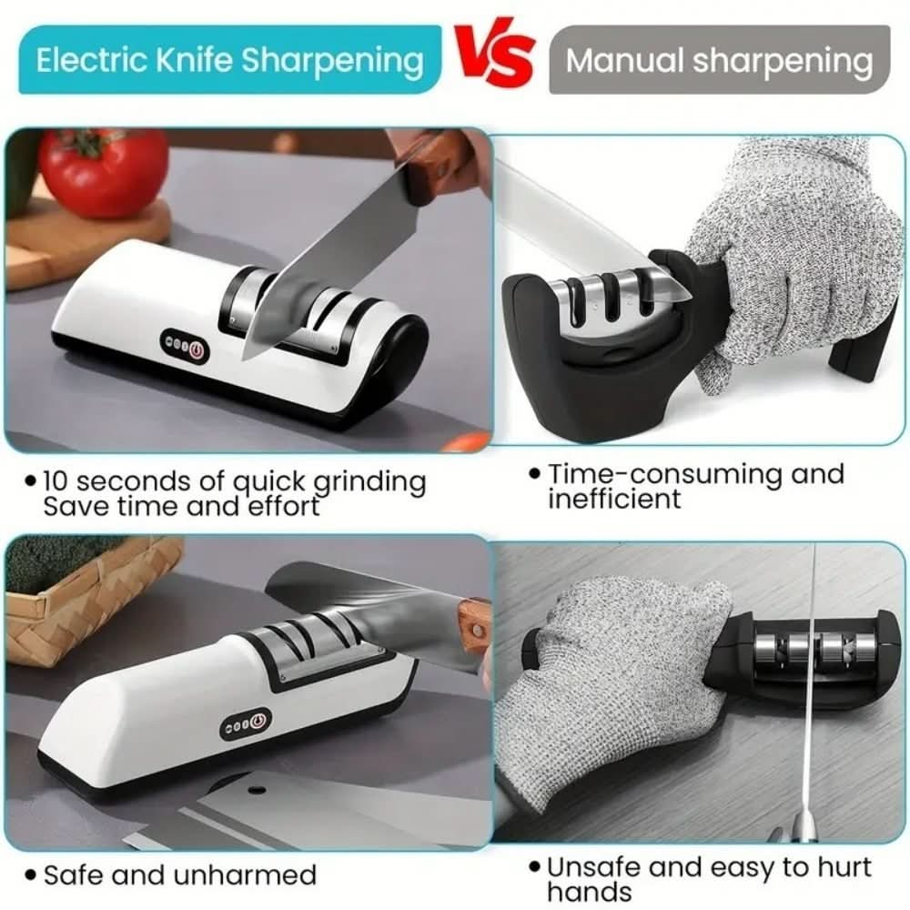 SharpEase rechargeable 2-stage kitchen knife sharpener with ceramic and steel blade slots, compact and easy to use.