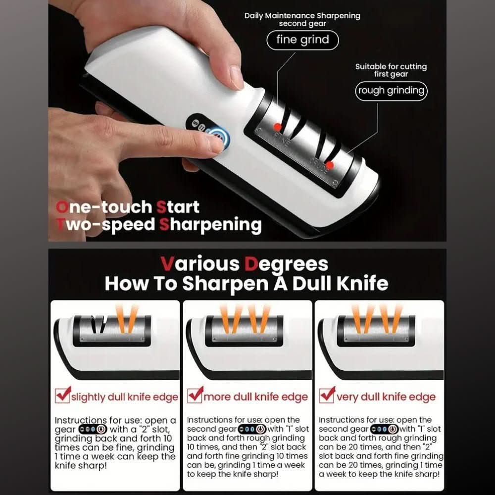 SharpEase rechargeable 2-stage kitchen knife sharpener with ceramic and steel blade slots, compact and easy to use.