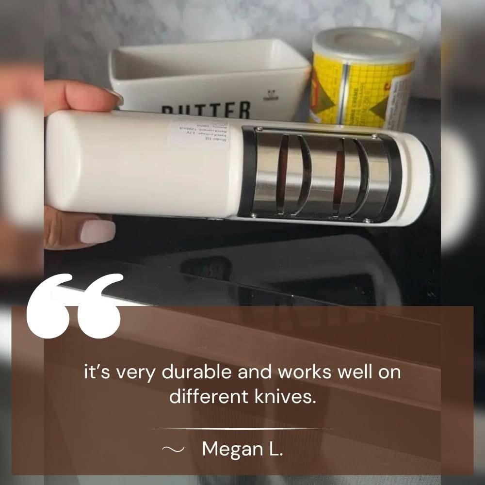 SharpEase rechargeable 2-stage kitchen knife sharpener for ceramic and steel blades, compact and easy to use.