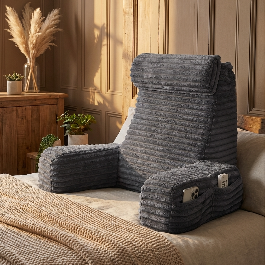 Decorative back support pillow with armrests and headrest, designed for comfortable home decoration and relaxation.