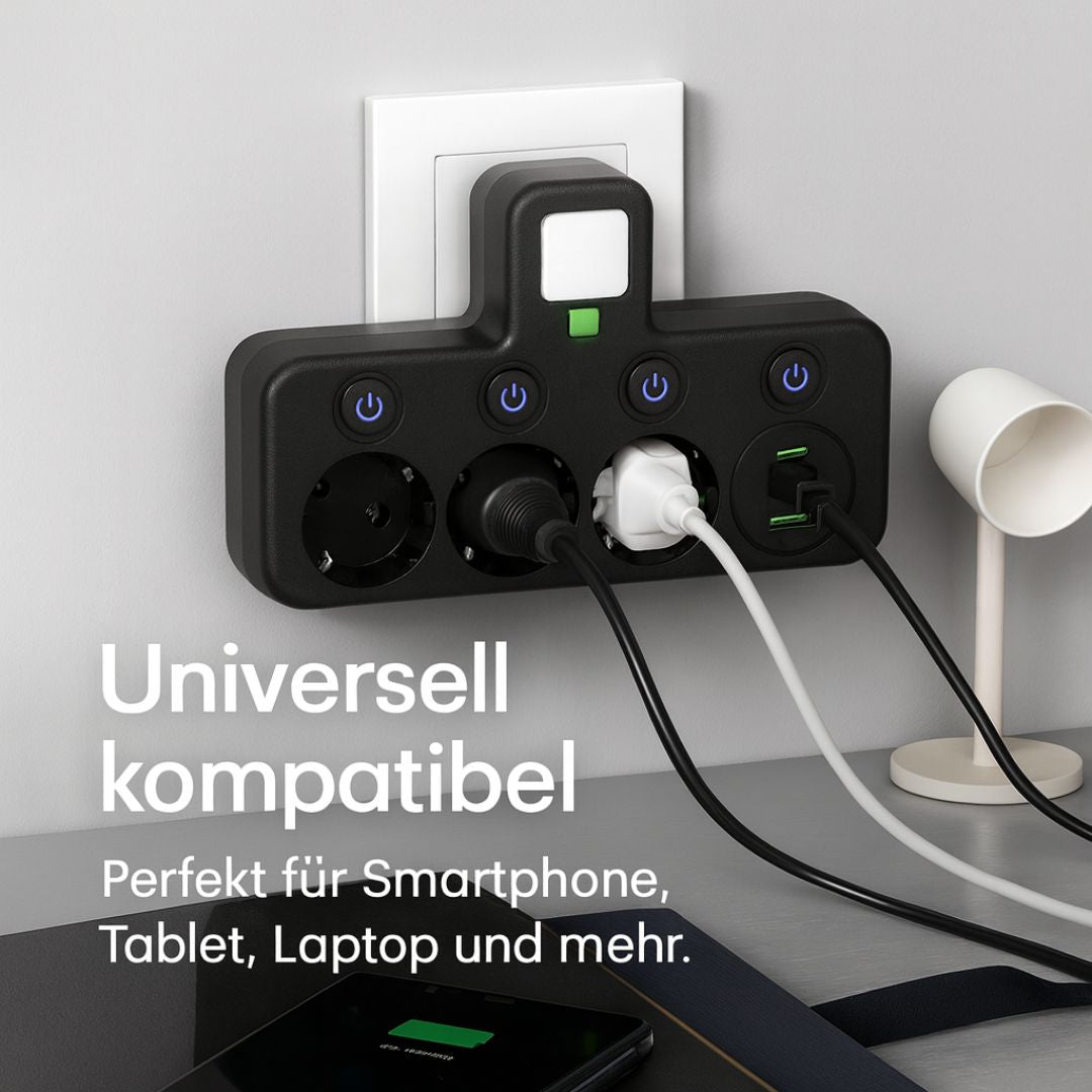 PowerGrid multi-outlet power strip with three sockets, USB ports, and a switch for convenient electrical device charging.