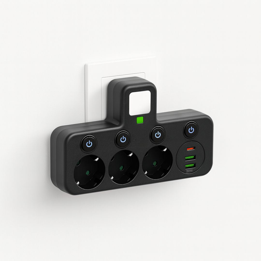 My Store PowerGrid multi-outlet power strip with 3 sockets, USB ports, and switch for convenient electrical connections.